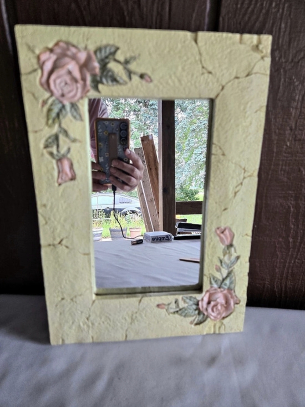 Inlaid Roses Wall Mirror With Broke Stone Looking Feature
